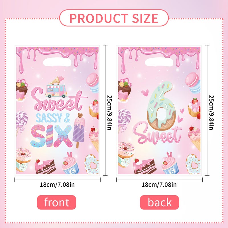 EoBeCy Sweet Sassy and Six Birthday Decorations for Girls, 50 Pcs 6th Birthday Plastic Treat Candy Goodie Treat Gift Bags with Handles, Pink Donut Ice Cream Themed 6 Year Old Party Favor Bags - Image 3