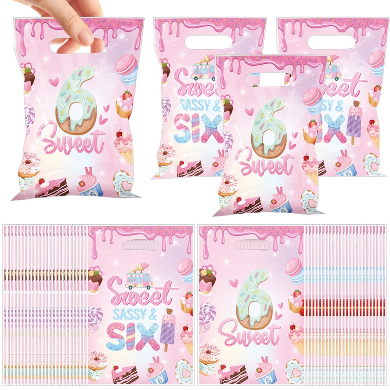 EoBeCy Sweet Sassy and Six Birthday Decorations for Girls, 50 Pcs 6th Birthday Plastic Treat Candy Goodie Treat Gift Bags with Handles, Pink Donut Ice Cream Themed 6 Year Old Party Favor Bags - Image 1