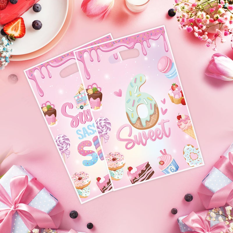 EoBeCy Sweet Sassy and Six Birthday Decorations for Girls, 50 Pcs 6th Birthday Plastic Treat Candy Goodie Treat Gift Bags with Handles, Pink Donut Ice Cream Themed 6 Year Old Party Favor Bags - Image 2