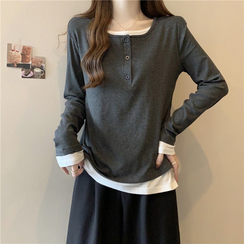 Design Sense Fake Two-Piece Lazy Contrast Color Loose Long-Sleeved T-Shirt Casual Base Shirt Women'S New Korean Version Slim Look - Image 4
