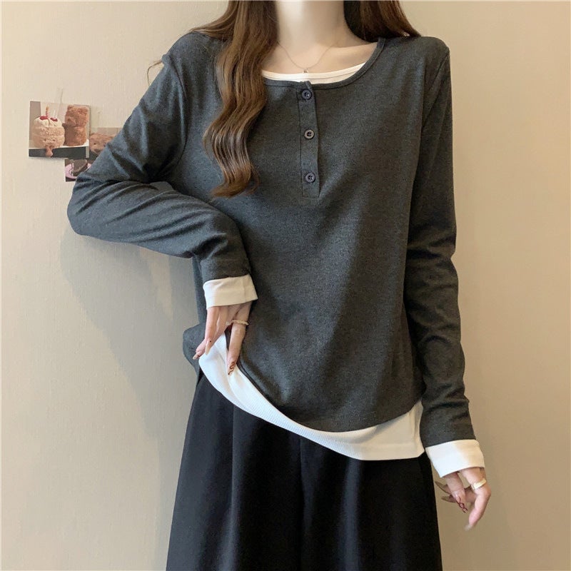 Design Sense Fake Two-Piece Lazy Contrast Color Loose Long-Sleeved T-Shirt Casual Base Shirt Women'S New Korean Version Slim Look - Image 3