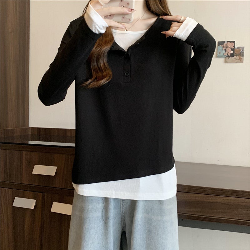 Design Sense Fake Two-Piece Lazy Contrast Color Loose Long-Sleeved T-Shirt Casual Base Shirt Women'S New Korean Version Slim Look - Image 1