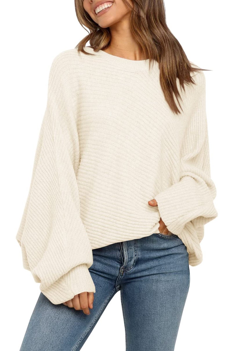 Mafulus Women's Oversized Crewneck Sweater Batwing Puff Long Sleeve Cable Slouchy Pullover Jumper Tops - Image 1
