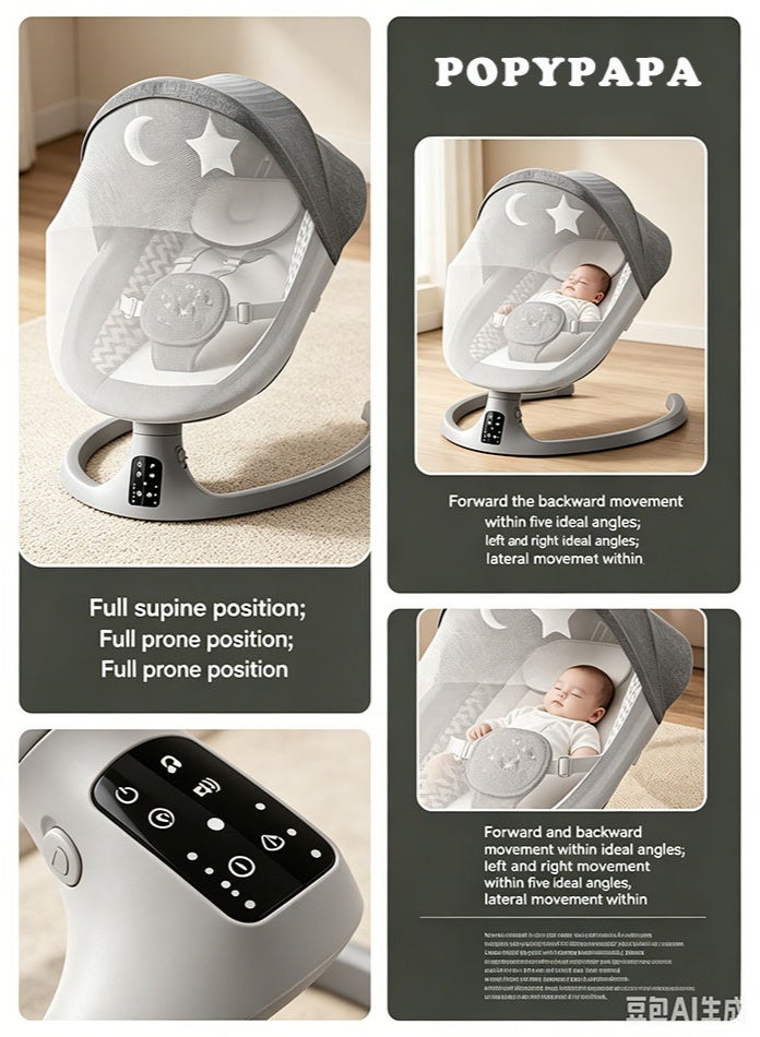 POPYPAPA 3 in 1 Electric Baby Swing, Smart Baby Rocker & Bouncer with App & Remote Control, 5 Speeds, 180° Recline, Bluetooth Music, Motion Sensor, Extra-Wide Seat for Newborns - Image 3