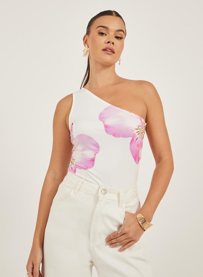Styli One Shoulder Floral Print Fitted Tank  - Image 1