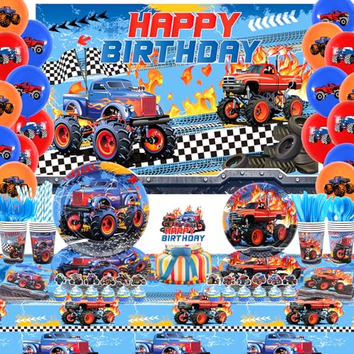 KEFAN Monster Truck Birthday Party Supplies Monster Truck Party Decorations Set including Backdrop Plates Cups Napkins Tablecloth Balloons for Children birthday Party Background - Image 1