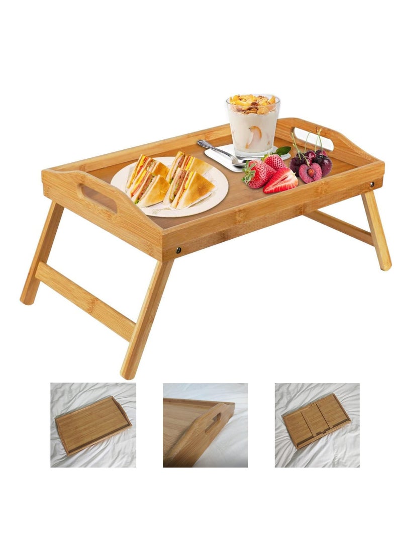 Beauenty Bamboo Bed Tray with Foldable Legs, Portable Breakfast Tray, Bamboo Table with Folding Legs, Dinner Tray, Tray with Carrying Handles, for Eating Food tray Reading Laptop Working on Bed  - Image 1