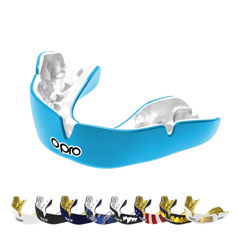 OPRO Instant CustomFit Mouth Guard DentistLevel Comfort Fit Moldable Mouthguard for Football Boxing Rugby MMA BJJ UFC Mouth Piece Includes Mouth Guard Case Sky BlueWhite Adult