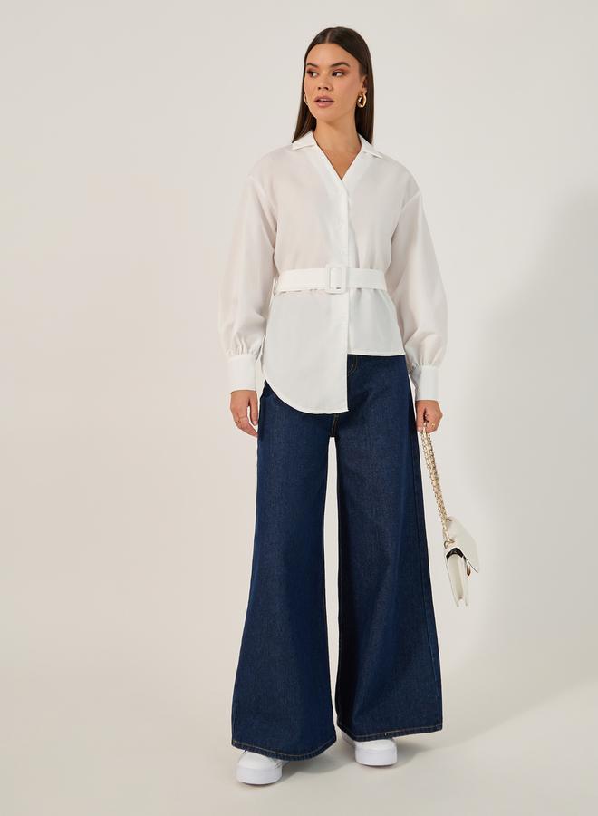 ستايلي قميص سادة بأزرار وحزام - Image 2