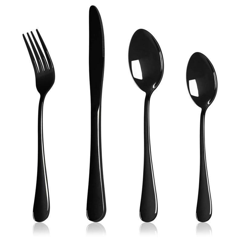 HaWare 24 Piece Black Cutlery Flatware Set Stainless Steel Silverware with Knife Spoon Fork Service for 6 Mirror Finish Dishwasher Safe