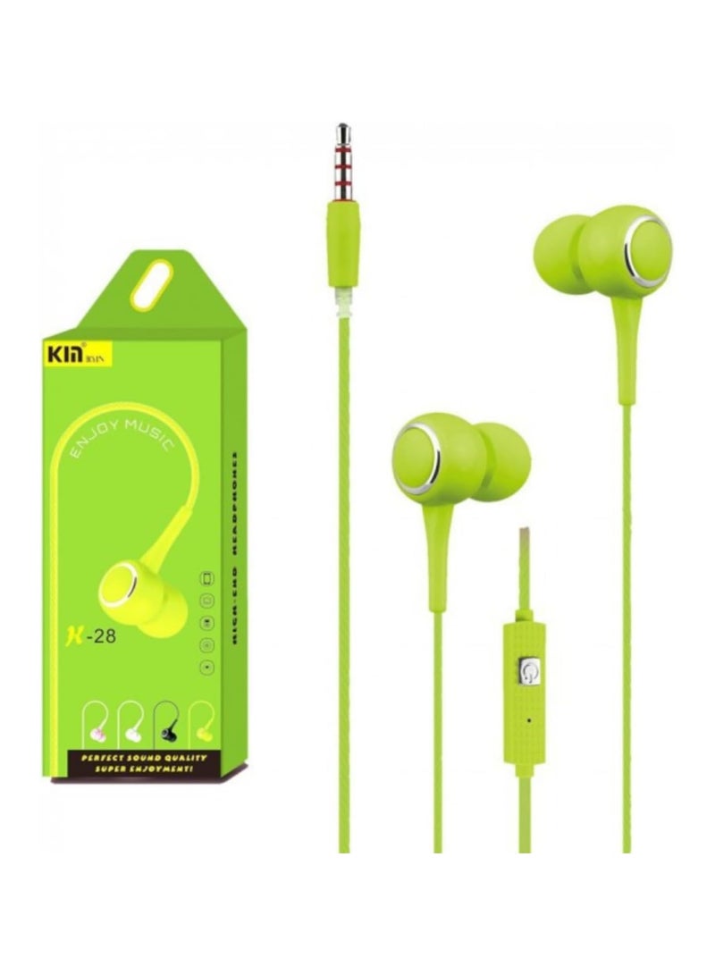 Kin K28 Green Wired in-Earphone Stereophonic Sound With Mic, Built-in Microphone, Bass, 3.5mm Jack, Suitable For All Mobile Phones, Android & Mac Mobiles, Ear Phone, Music - Image 2
