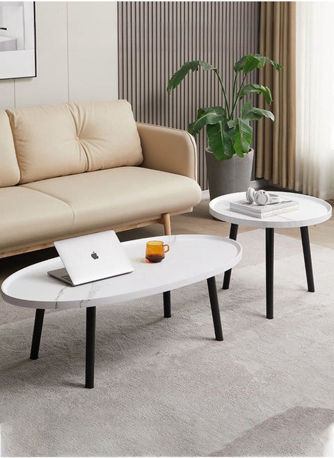 Oval Coffee Tables Set of 2 Nesting Table White Marble Living Room Center Table(120*60*38cm+60*60*48cm)