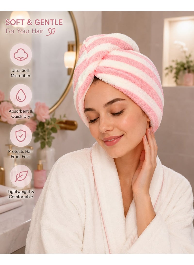 Microfiber Hair Drying Towel Wrap, Pink and White Striped Quick-Dry Hair Turban, Soft Absorbent Hair Towel for Women and Girls, Anti-Frizz Hair Care Wrap - Image 1
