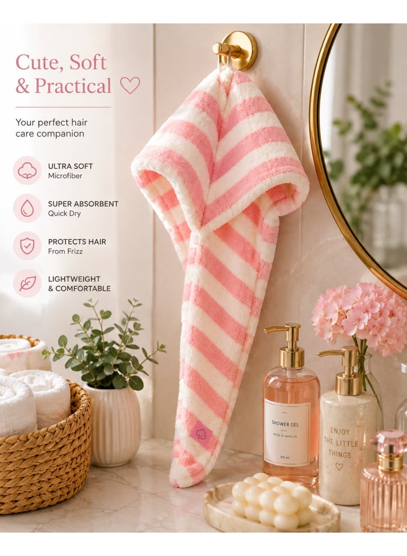 Microfiber Hair Drying Towel Wrap, Pink and White Striped Quick-Dry Hair Turban, Soft Absorbent Hair Towel for Women and Girls, Anti-Frizz Hair Care Wrap - Image 4