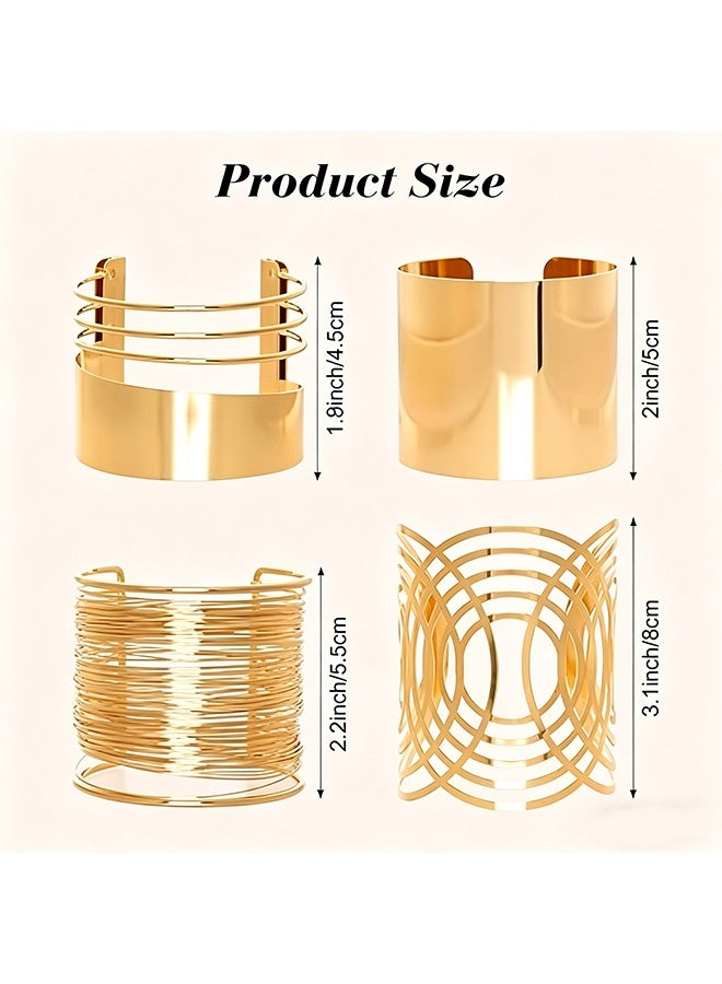 Quantum 4 Pcs 24K Gold Plated Open Wide Cuff Bracelets - Hollow Out Metal Wire Wrap Bracelets - Irregular Minimalist Bracelets for Statement Jewelry for Party Weddin (Gold) - Image 2