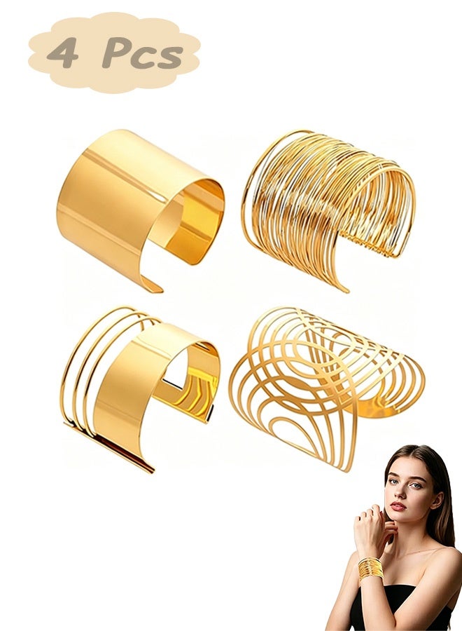 Quantum 4 Pcs 24K Gold Plated Open Wide Cuff Bracelets - Hollow Out Metal Wire Wrap Bracelets - Irregular Minimalist Bracelets for Statement Jewelry for Party Weddin (Gold) - Image 1