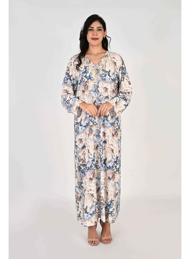 Linelle Ladies Jalabiya – Blue and White Abstract Print and Embroidery Detailing - Image 1
