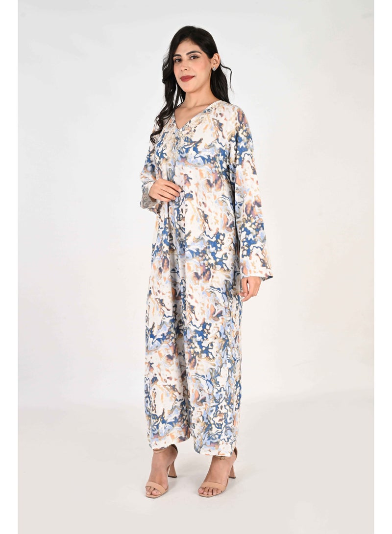 Linelle Ladies Jalabiya – Blue and White Abstract Print and Embroidery Detailing - Image 4