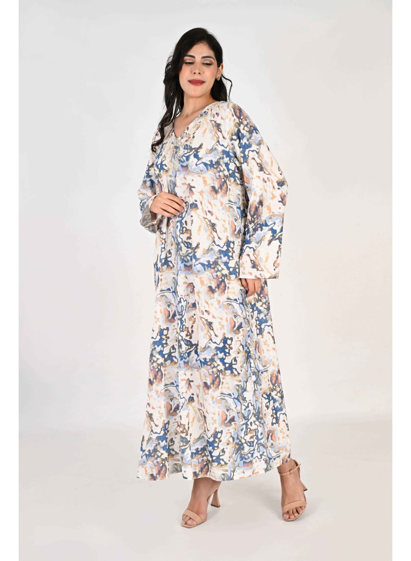 Linelle Ladies Jalabiya – Blue and White Abstract Print and Embroidery Detailing - Image 5