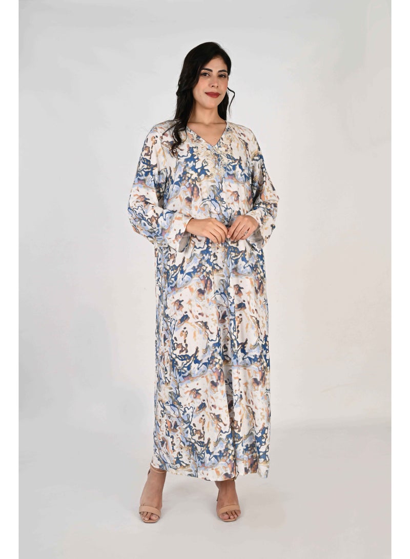 Linelle Ladies Jalabiya – Blue and White Abstract Print and Embroidery Detailing - Image 2