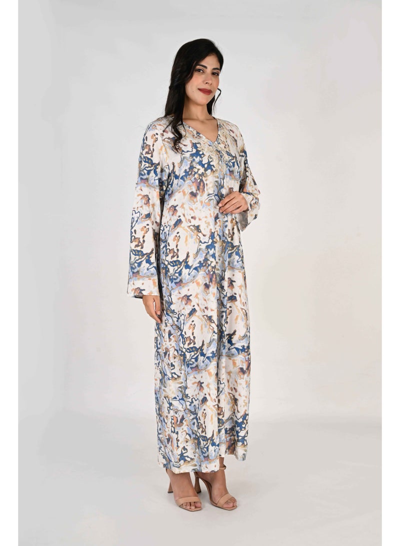 Linelle Ladies Jalabiya – Blue and White Abstract Print and Embroidery Detailing - Image 3