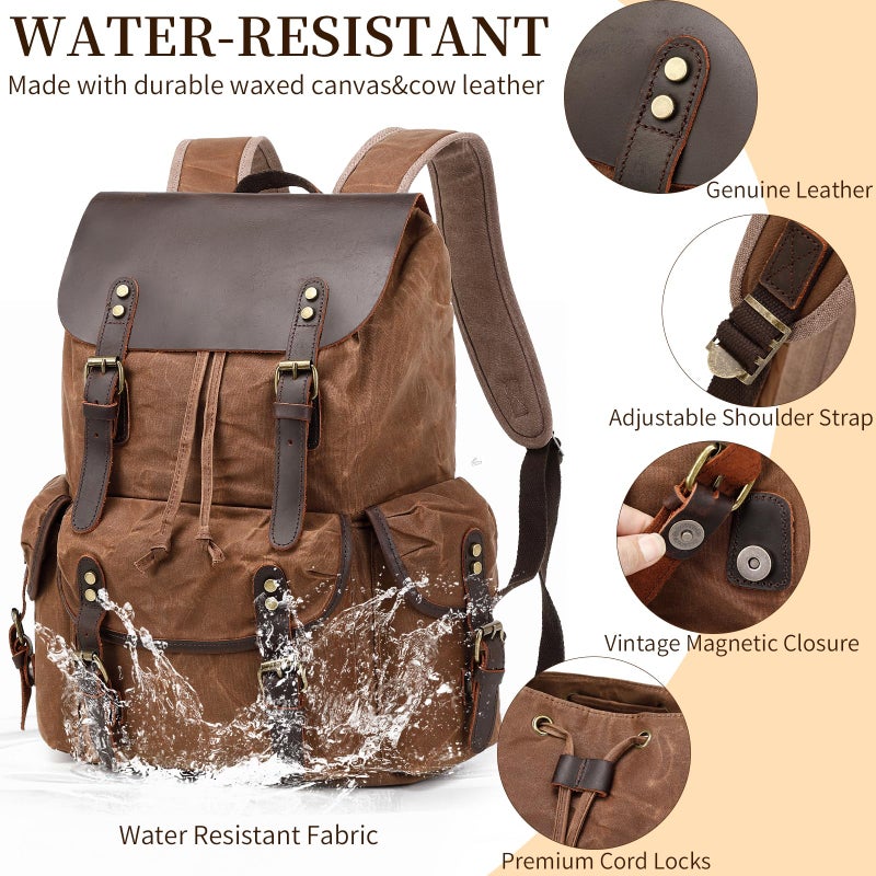 Wogarl Vintage Leather Canvas Backpack, Waxed Canvas Shoulder Rucksack with Toiletry Shoulder Rucksack for Traveling, Camping, Hiking,Business College Fits 17inch Laptop,Coffee - Image 3