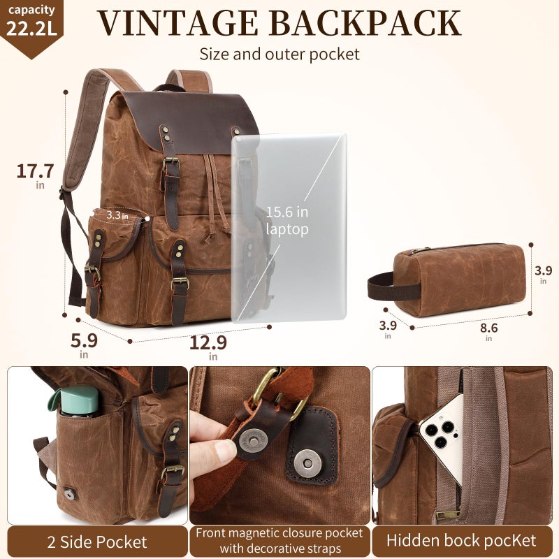 Wogarl Vintage Leather Canvas Backpack, Waxed Canvas Shoulder Rucksack with Toiletry Shoulder Rucksack for Traveling, Camping, Hiking,Business College Fits 17inch Laptop,Coffee - Image 4