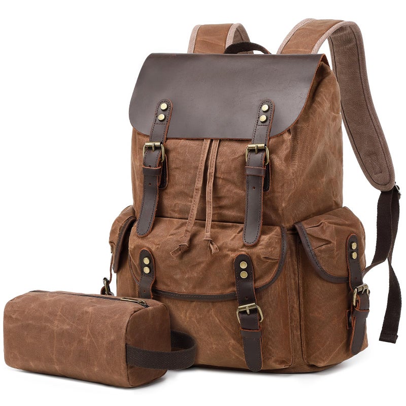 Wogarl Vintage Leather Canvas Backpack, Waxed Canvas Shoulder Rucksack with Toiletry Shoulder Rucksack for Traveling, Camping, Hiking,Business College Fits 17inch Laptop,Coffee - Image 1