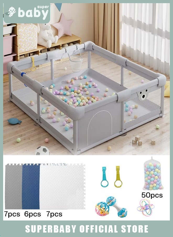 SuperBaby Baby Playpen Fence with Playmat, Sturdy Playard for Toddler, Infant Indoor & Outdoor Kids Activity Center With 50 PCS Ocean Balls and 3 Toys, 150*150CM  - Image 1