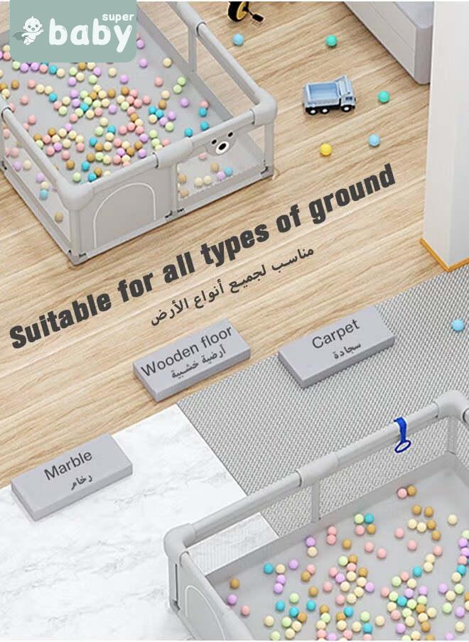 SuperBaby Baby Playpen Fence with Playmat, Sturdy Playard for Toddler, Infant Indoor & Outdoor Kids Activity Center With 50 PCS Ocean Balls and 3 Toys, 150*150CM  - Image 5