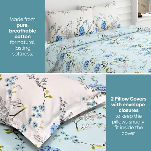 Haus & Kinder Bed Sheet Double Bed, 186 TC Pure Cotton Queen Size Bedsheet with 2 Pillow Covers,Double Bed Bedsheet (90x100 Inches) Victorian Summer Dream Blue - Image 3