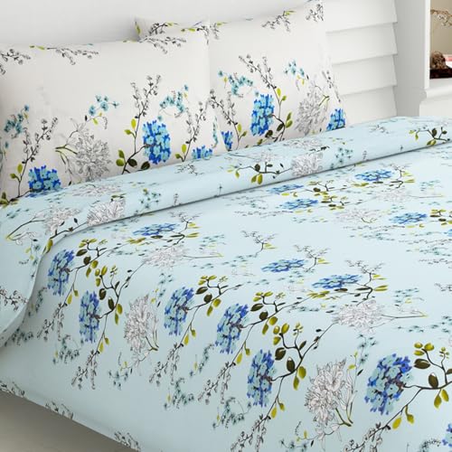 Haus & Kinder Bed Sheet Double Bed, 186 TC Pure Cotton Queen Size Bedsheet with 2 Pillow Covers,Double Bed Bedsheet (90x100 Inches) Victorian Summer Dream Blue - Image 1