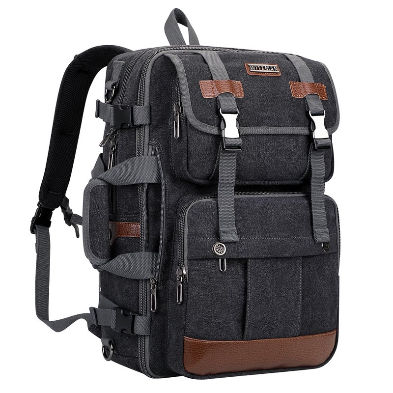 WITZMAN Canvas Travel Backpack for Men Large Laptop Backpack Fit 16 inch Carry-on Airline Approved Convertible Shoulder Rucksack(A6617-3 Black) - Image 1