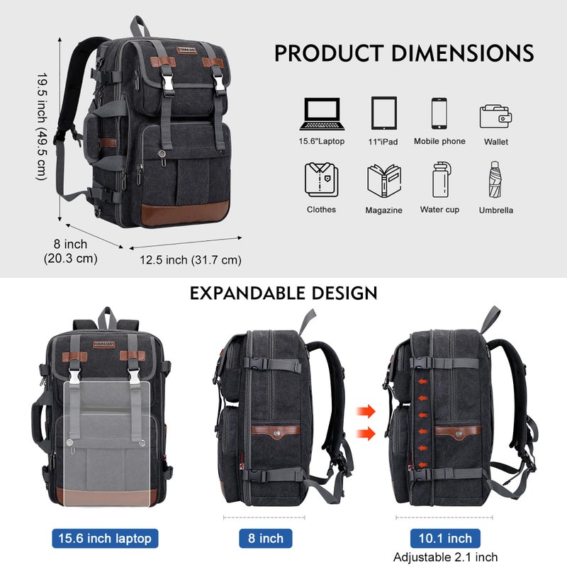 WITZMAN Canvas Travel Backpack for Men Large Laptop Backpack Fit 16 inch Carry-on Airline Approved Convertible Shoulder Rucksack(A6617-3 Black) - Image 3