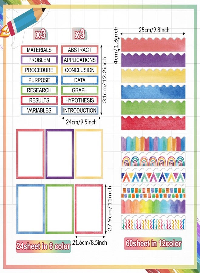Fuyoooo 90 Pcs Science Fair Board Supplies 60 Trim Scalloped Bulletin Board Borders 24 Presentation Board Subtitles 6 Science Fair Titles for Classroom Display Boards (Watercolor) - Image 2