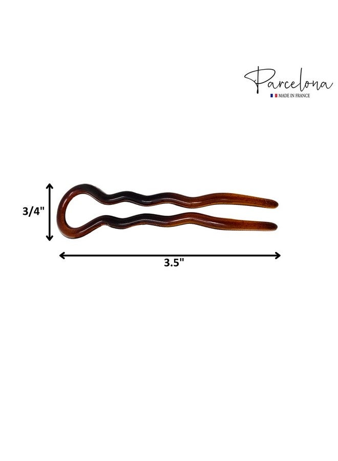 Parcelona French Sleek Brown Tortoise Shell Large 3 1/2 Celluloid Made In France Set Of 3 Wavy Crink U Shaped Chignon Hair Pins Updo Bun Pin Sticks For Women And Girls - Image 4