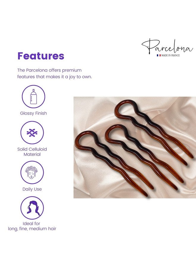 Parcelona French Sleek Brown Tortoise Shell Large 3 1/2 Celluloid Made In France Set Of 3 Wavy Crink U Shaped Chignon Hair Pins Updo Bun Pin Sticks For Women And Girls - Image 2