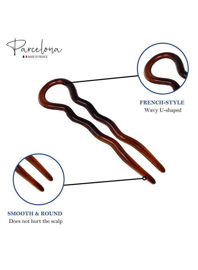 Parcelona French Sleek Brown Tortoise Shell Large 3 1/2 Celluloid Made In France Set Of 3 Wavy Crink U Shaped Chignon Hair Pins Updo Bun Pin Sticks For Women And Girls - Image 3