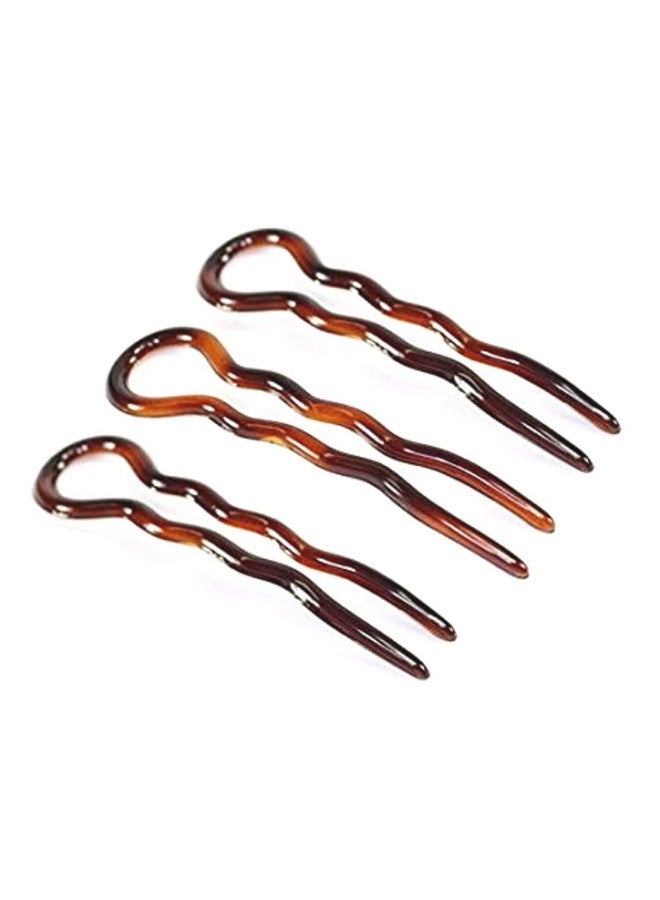 Parcelona French Sleek Brown Tortoise Shell Large 3 1/2 Celluloid Made In France Set Of 3 Wavy Crink U Shaped Chignon Hair Pins Updo Bun Pin Sticks For Women And Girls - Image 1