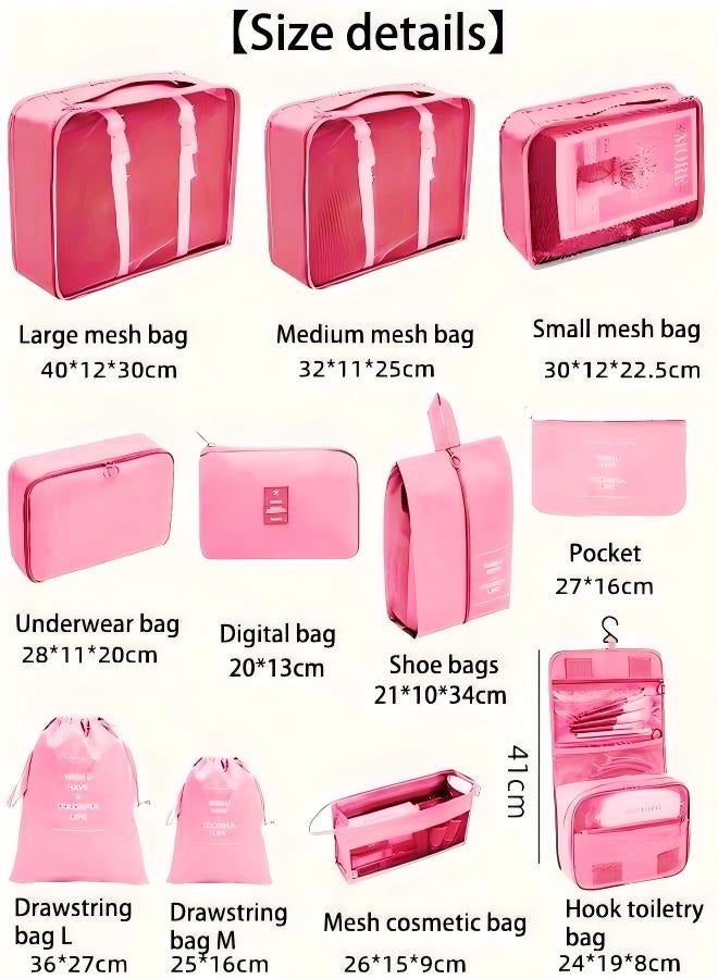 مجموعة من 11 مكعب تعبئة لحقائب السفر، أساسيات السفر للحمل، مجموعة حقائب تنظيم الأمتعة لإكسسوارات السفر، وردي - Image 5