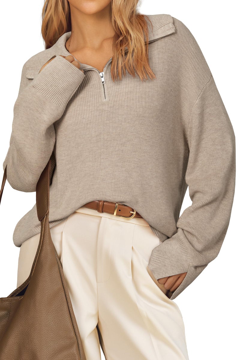 Arach&Cloz Women Sweater 2026 Wool Blend Spring Fashion Clothes Oversized Pullover Winter Clothing Quarter Half Zip Lapel V Neck Long Sleeve Dressy Tops Business Casual Trendy Outfits Apricot L - Image 1