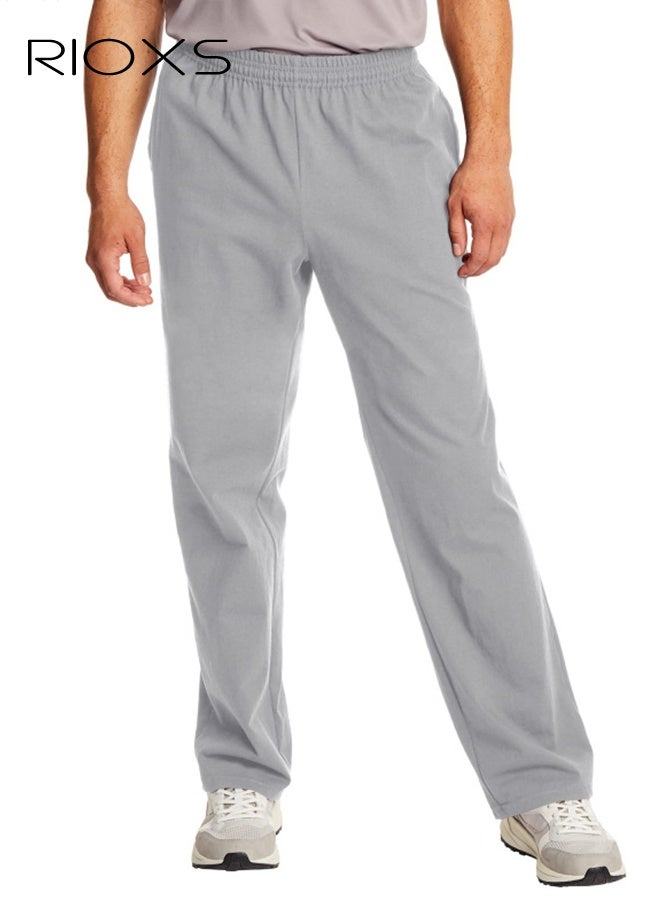 RIOXS Men's Cotton Casual Pants, Gray Loose Fit Straight Leg Sweatpants with Elastic Waist for Workout, Gym and Home  - Image 1