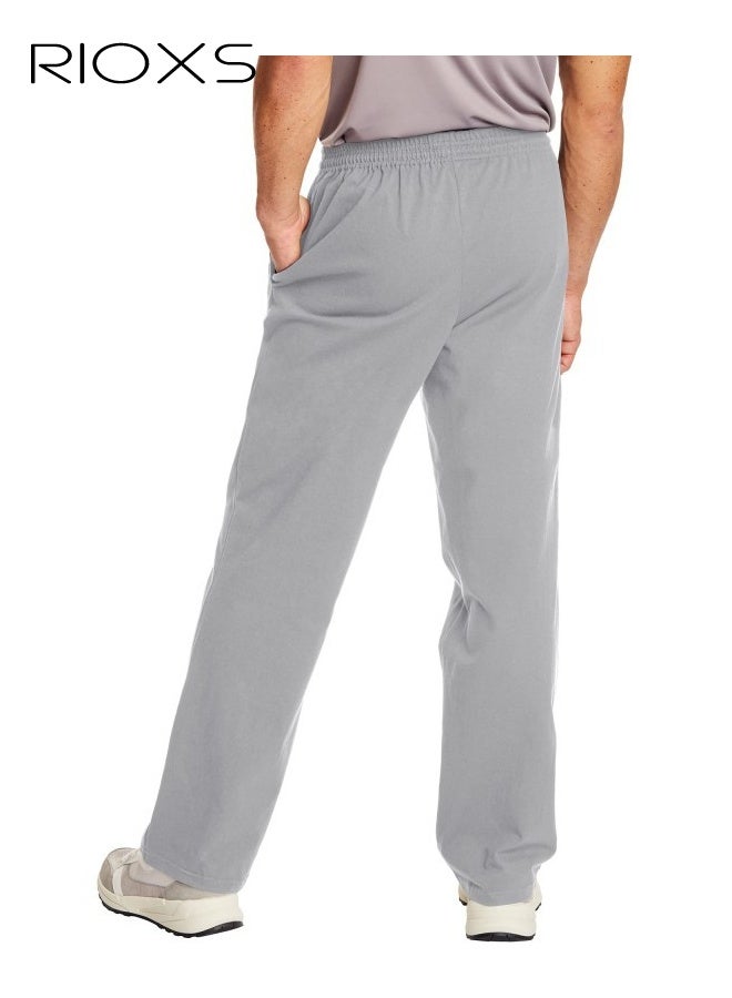 RIOXS Men's Cotton Casual Pants, Gray Loose Fit Straight Leg Sweatpants with Elastic Waist for Workout, Gym and Home  - Image 2
