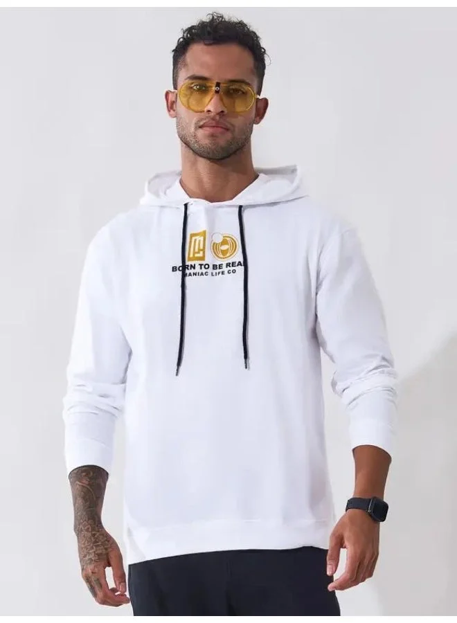 مانياك تيشيرت قطن رجالي مانياك بقصة ضيقة وأكمام كاملة ورقبة بغطاء رأس مطبوع أبيض وأصفر