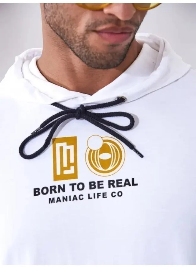 Maniac Maniac Mens Printed Hooded Neck Full Sleeve White and Yellow Cotton Slim Fit T-Shirt