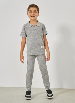 Rib Knit Polo T-Shirt & Joggers Set