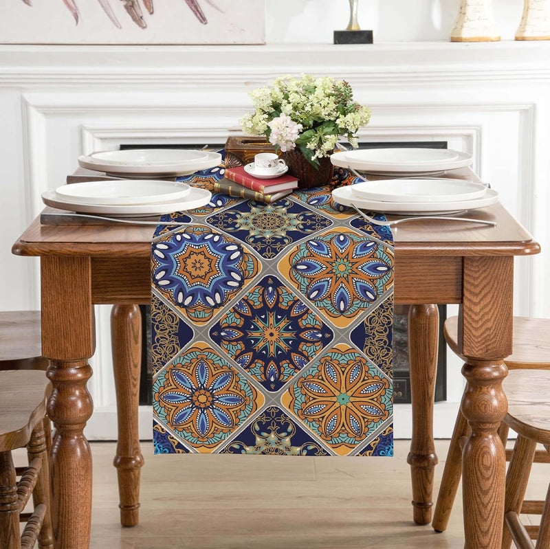 Winotic Boho Bohemian Table Runner 36 Inches Long, Vintage Seasonal Blue Table Runners for Party Kitchen Dining Coffee Table Bedroom Dressers Indoor Outdoor, Machine Washable (Bohemian C, 13” x 36”) - Image 3