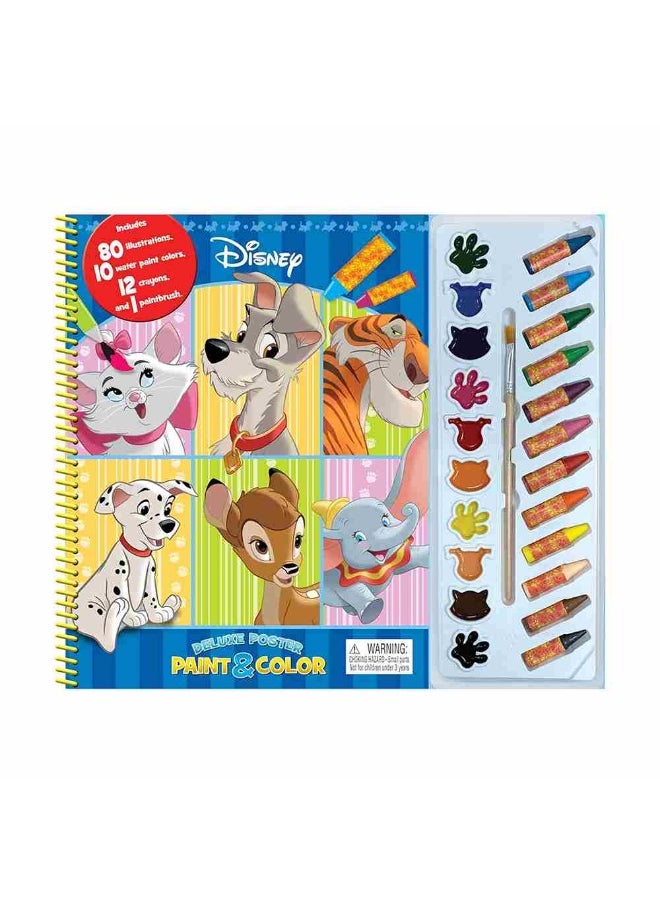 PHIDAL Disney Animals Classic Deluxe Poster Paint & Coloring Board Book with 10 Watercolors & 12 Crayons  - Image 1