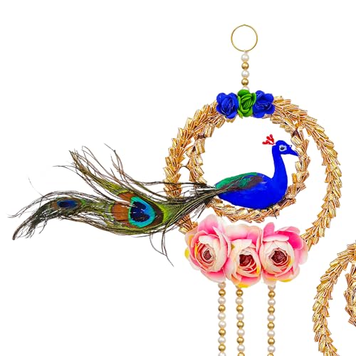 Sanvatsar Shubh-Labh Wall Hanging Decoration 2 Pcs, Size 10 Inch, Pooja Room Decor Items, Door Decorative Items Hanging, Door Tags for Diwali Traditional Wedding Decor, Set of 2 (PEACKOCK Hanging) - Image 3
