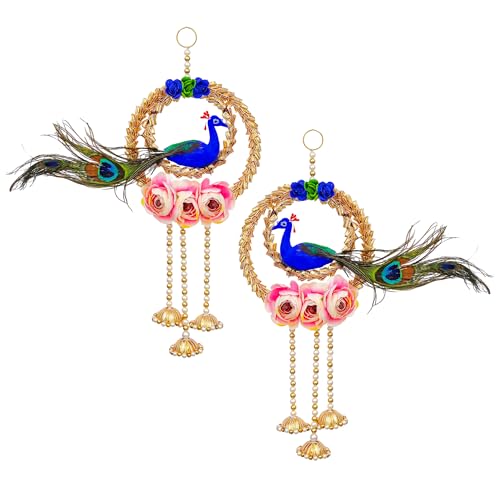 Sanvatsar Shubh-Labh Wall Hanging Decoration 2 Pcs, Size 10 Inch, Pooja Room Decor Items, Door Decorative Items Hanging, Door Tags for Diwali Traditional Wedding Decor, Set of 2 (PEACKOCK Hanging) - Image 1